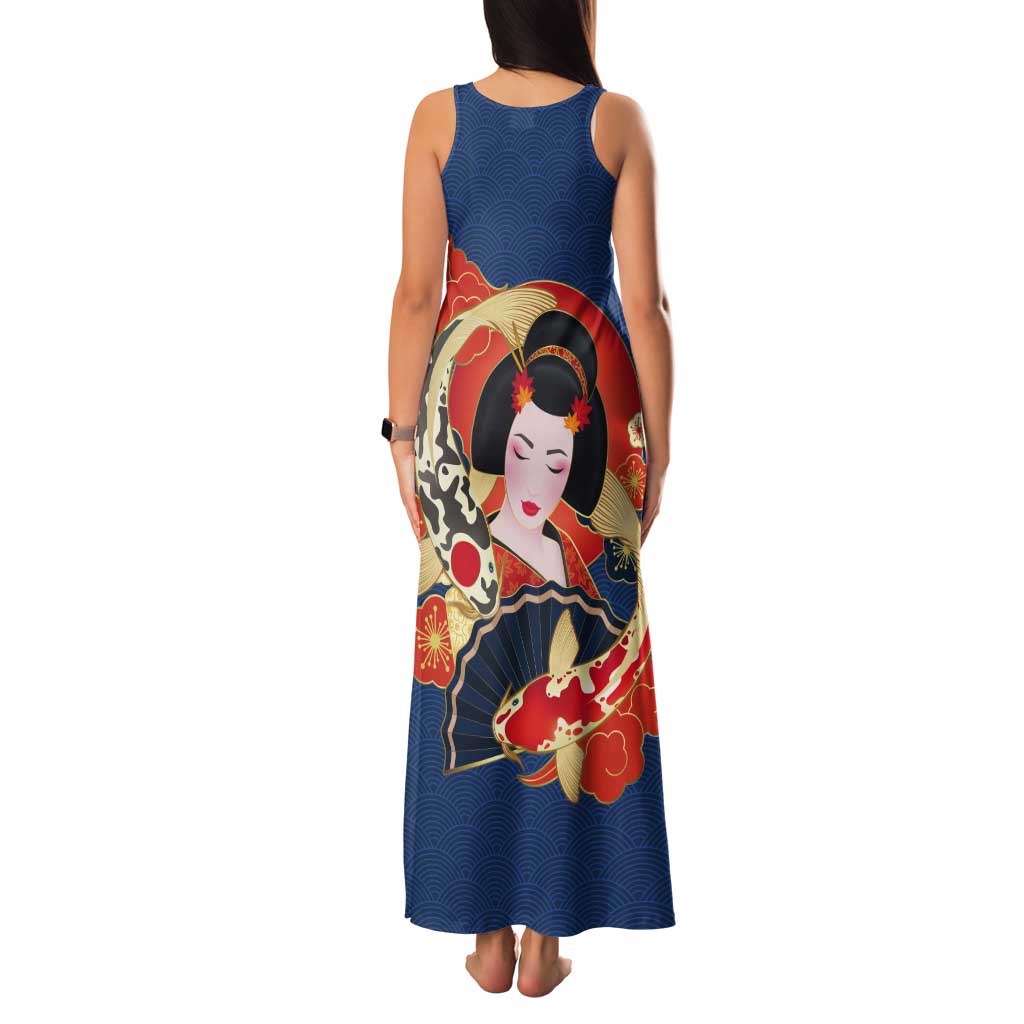 Japanese Geisha Koi Fish Tank Maxi Dress Cherry Blossoms Blue Seigaiha Pattern - Polynesian Pride