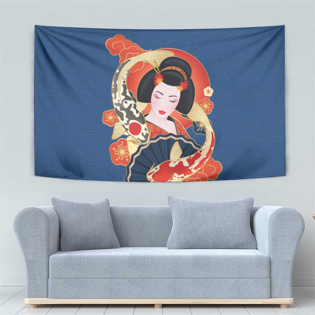 Japanese Geisha Koi Fish Tapestry Cherry Blossoms Blue Seigaiha Pattern - Polynesian Pride