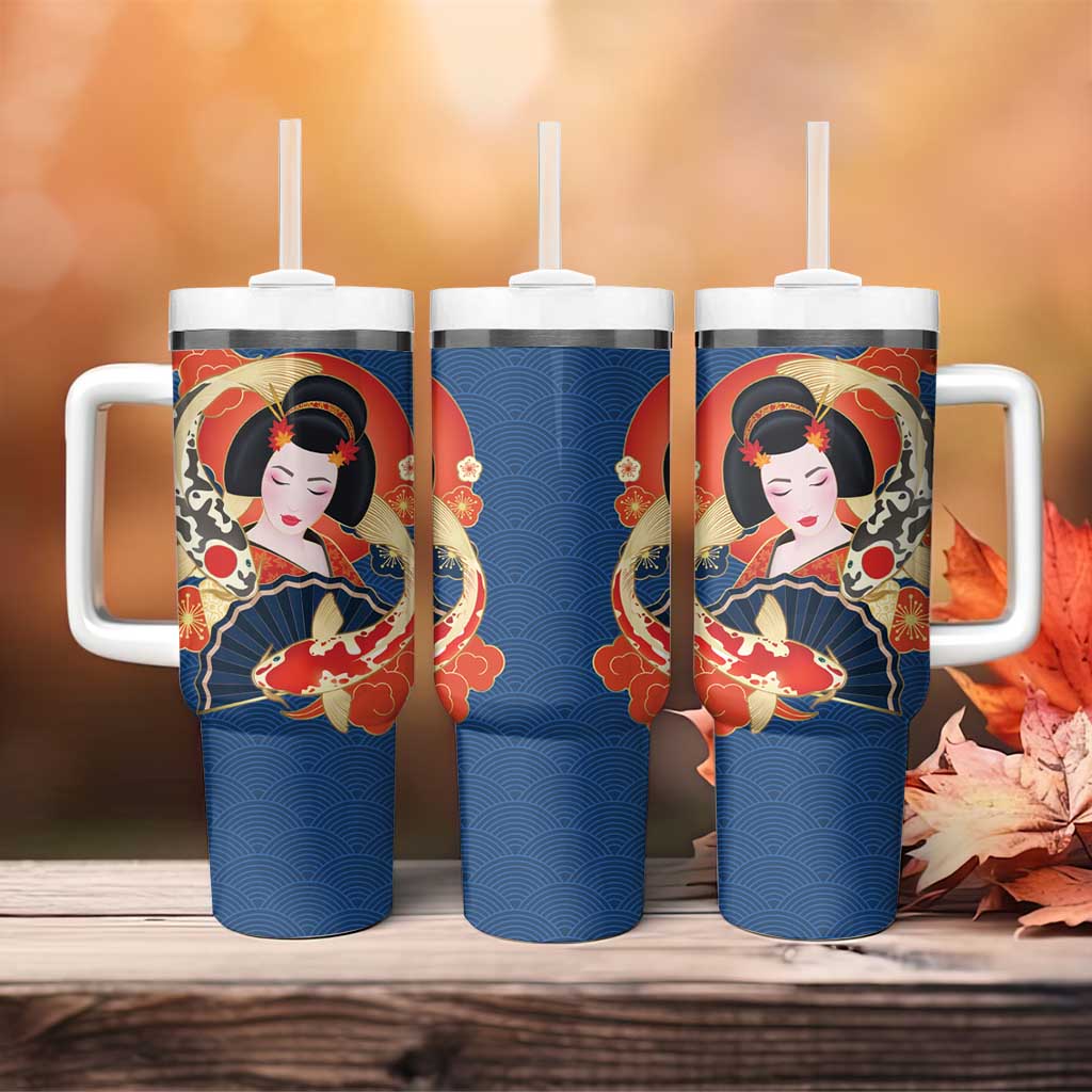 Japanese Geisha Koi Fish Tumbler With Handle Cherry Blossoms Blue Seigaiha Pattern - Polynesian Pride