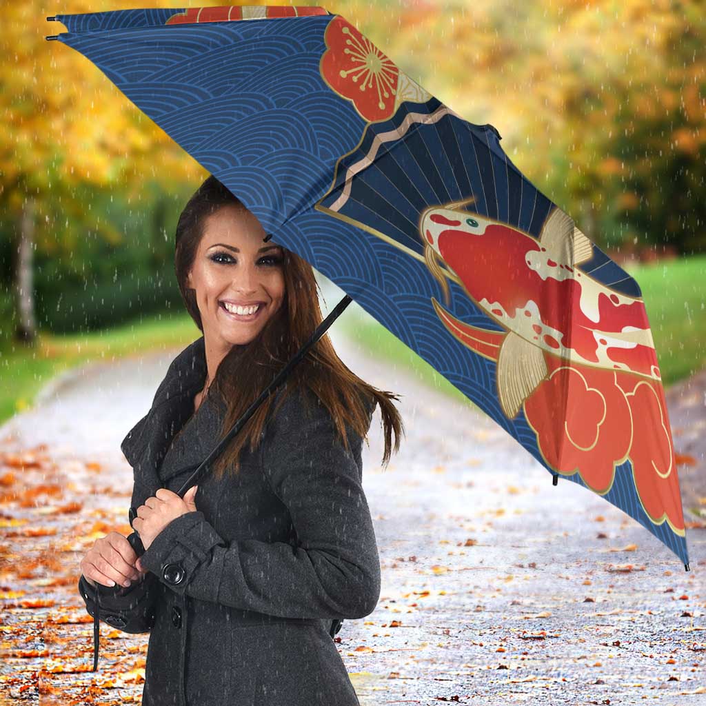 Japanese Geisha Koi Fish Umbrella Cherry Blossoms Blue Seigaiha Pattern - Polynesian Pride