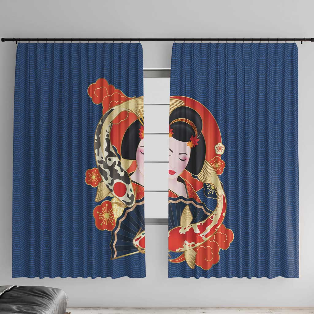 Japanese Geisha Koi Fish Window Curtain Cherry Blossoms Blue Seigaiha Pattern - Polynesian Pride