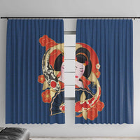 Japanese Geisha Koi Fish Window Curtain Cherry Blossoms Blue Seigaiha Pattern - Polynesian Pride
