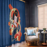Japanese Geisha Koi Fish Window Curtain Cherry Blossoms Blue Seigaiha Pattern - Polynesian Pride
