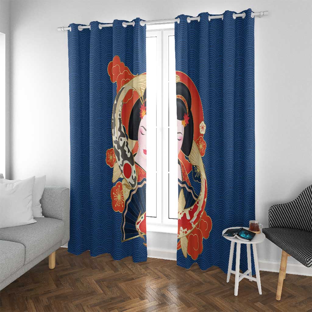 Japanese Geisha Koi Fish Window Curtain Cherry Blossoms Blue Seigaiha Pattern - Polynesian Pride