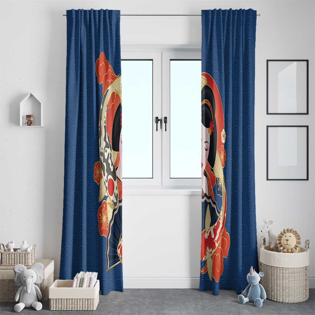 Japanese Geisha Koi Fish Window Curtain Cherry Blossoms Blue Seigaiha Pattern - Polynesian Pride