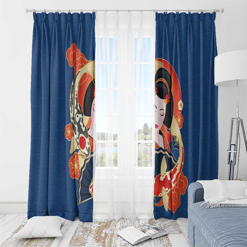 Japanese Geisha Koi Fish Window Curtain Cherry Blossoms Blue Seigaiha Pattern - Polynesian Pride