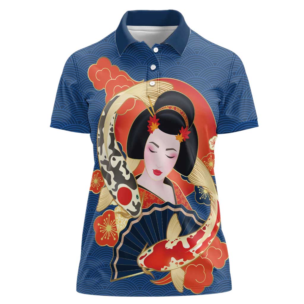 Japanese Geisha Koi Fish Women Polo Shirt Cherry Blossoms Blue Seigaiha Pattern - Polynesian Pride