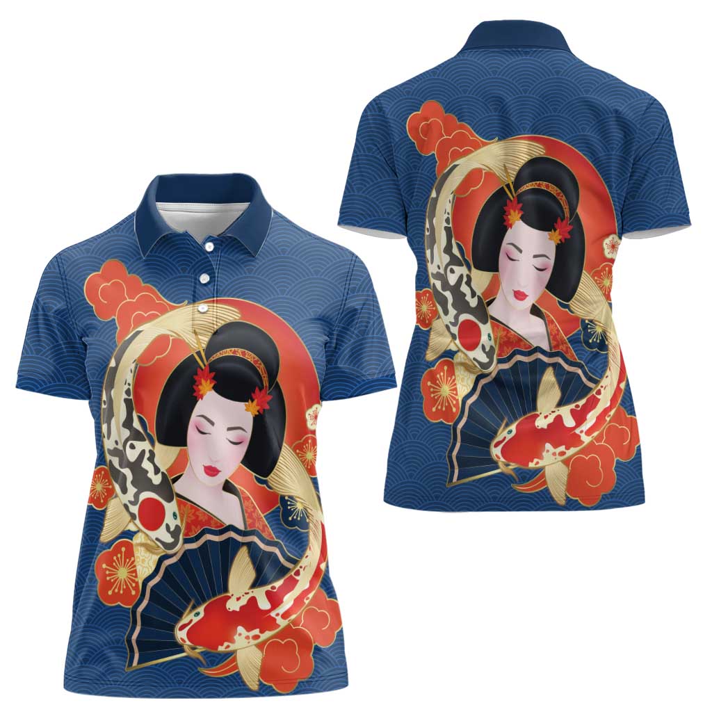 Japanese Geisha Koi Fish Women Polo Shirt Cherry Blossoms Blue Seigaiha Pattern - Polynesian Pride