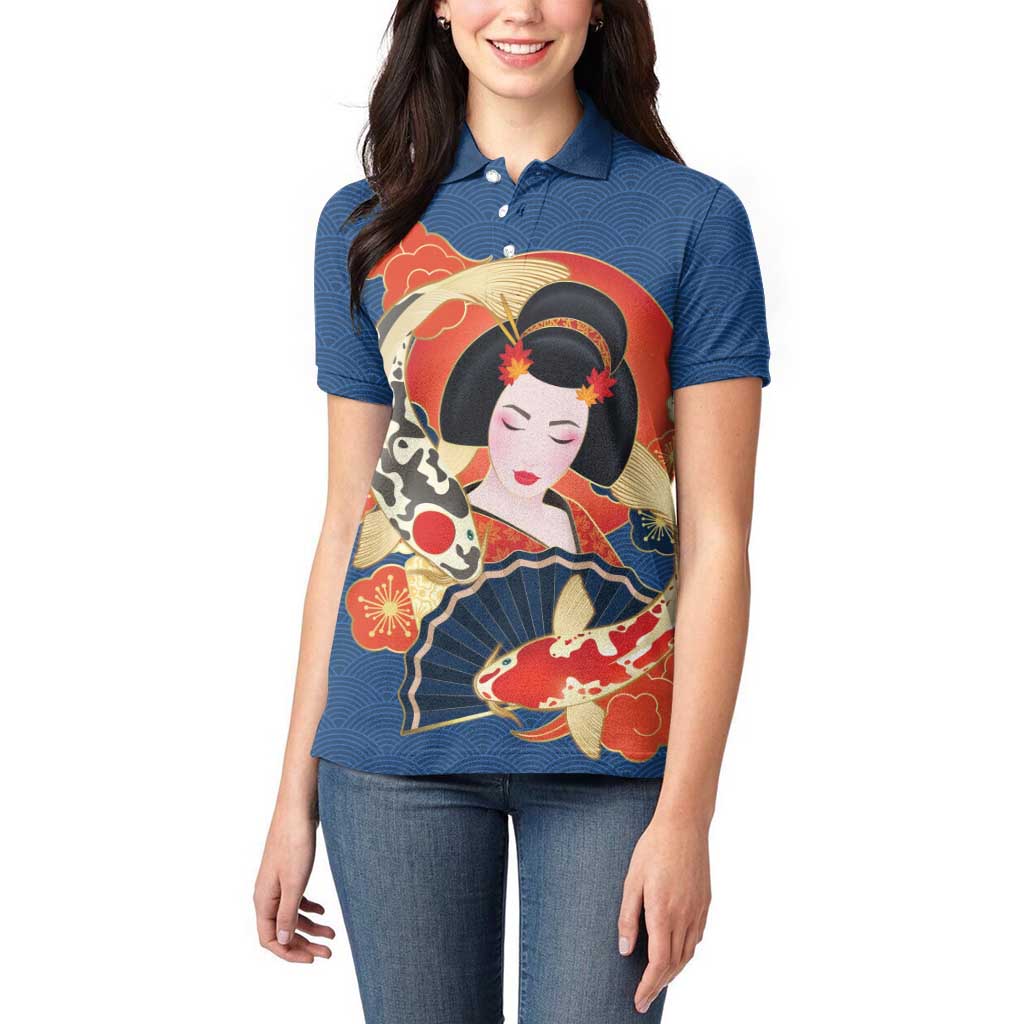 Japanese Geisha Koi Fish Women Polo Shirt Cherry Blossoms Blue Seigaiha Pattern - Polynesian Pride