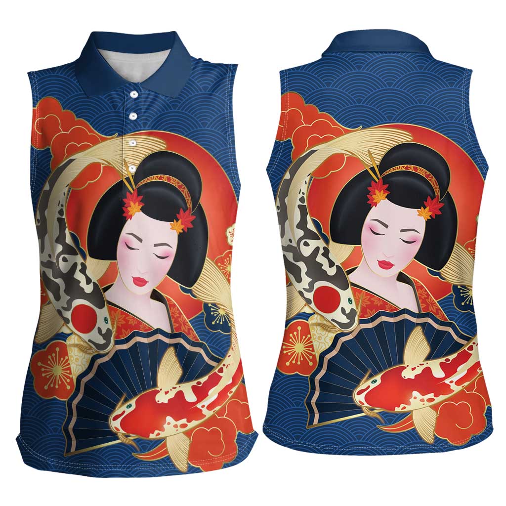 Japanese Geisha Koi Fish Women Sleeveless Polo Shirt Cherry Blossoms Blue Seigaiha Pattern - Polynesian Pride