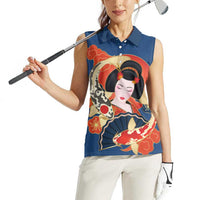 Japanese Geisha Koi Fish Women Sleeveless Polo Shirt Cherry Blossoms Blue Seigaiha Pattern - Polynesian Pride