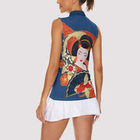 Japanese Geisha Koi Fish Women Sleeveless Polo Shirt Cherry Blossoms Blue Seigaiha Pattern - Polynesian Pride