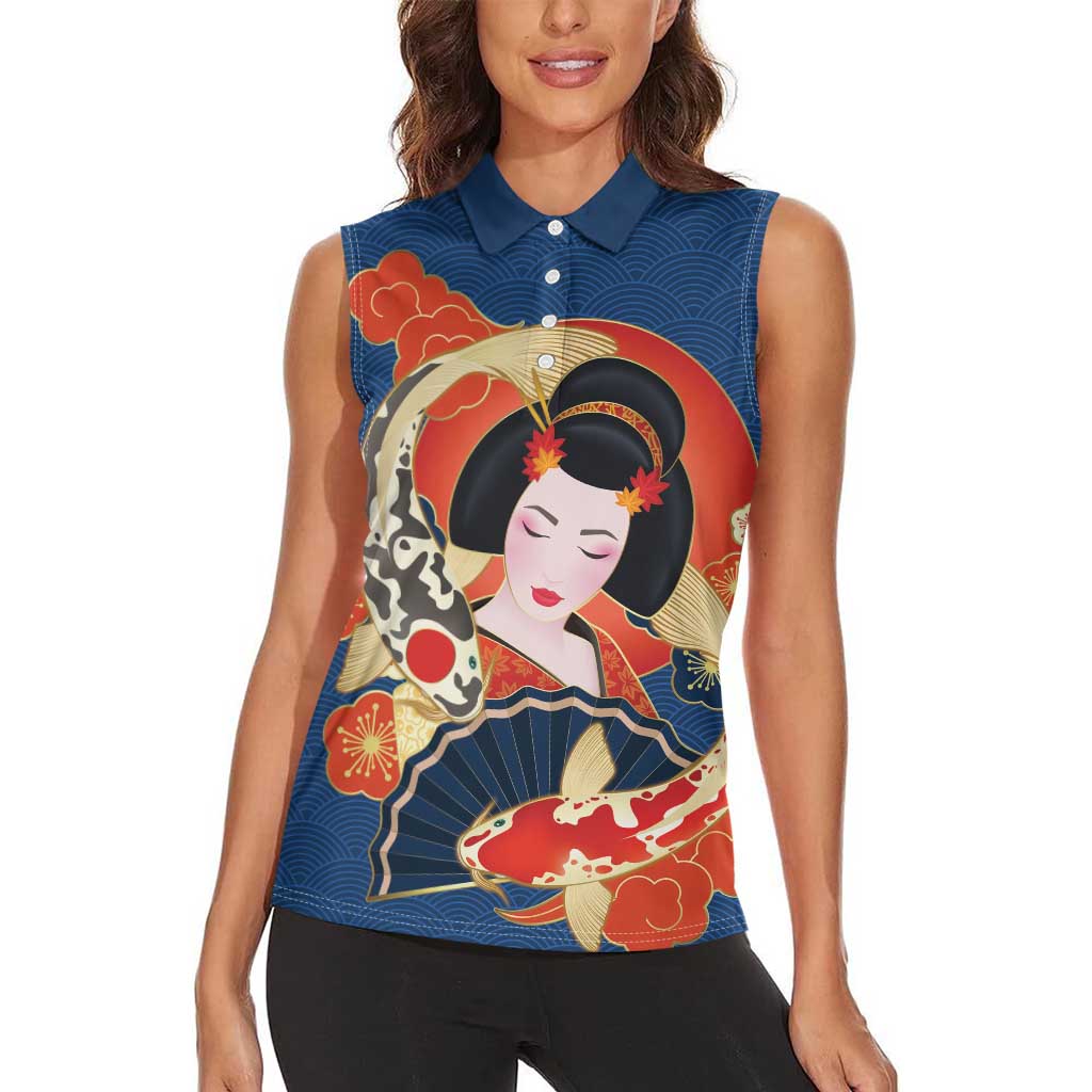 Japanese Geisha Koi Fish Women Sleeveless Polo Shirt Cherry Blossoms Blue Seigaiha Pattern - Polynesian Pride