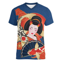 Japanese Geisha Koi Fish Women V-Neck T-Shirt Cherry Blossoms Blue Seigaiha Pattern - Polynesian Pride