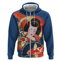 Japanese Geisha Koi Fish Zip Hoodie Cherry Blossoms Blue Seigaiha Pattern - Polynesian Pride