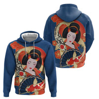 Japanese Geisha Koi Fish Zip Hoodie Cherry Blossoms Blue Seigaiha Pattern - Polynesian Pride