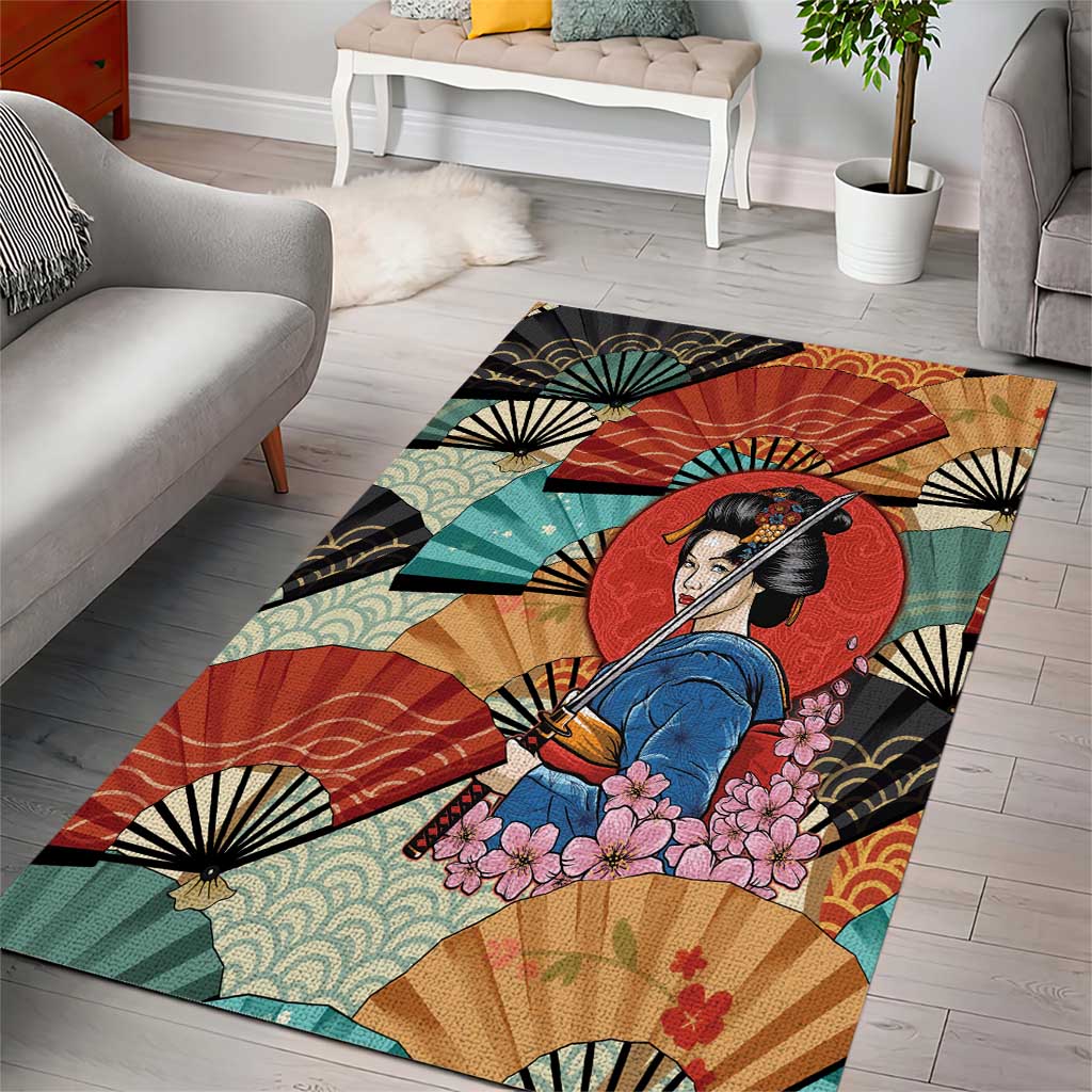 Japanese Geisha Katana Area Rug Japan Sensu Seigaiha Pattern - Polynesian Pride