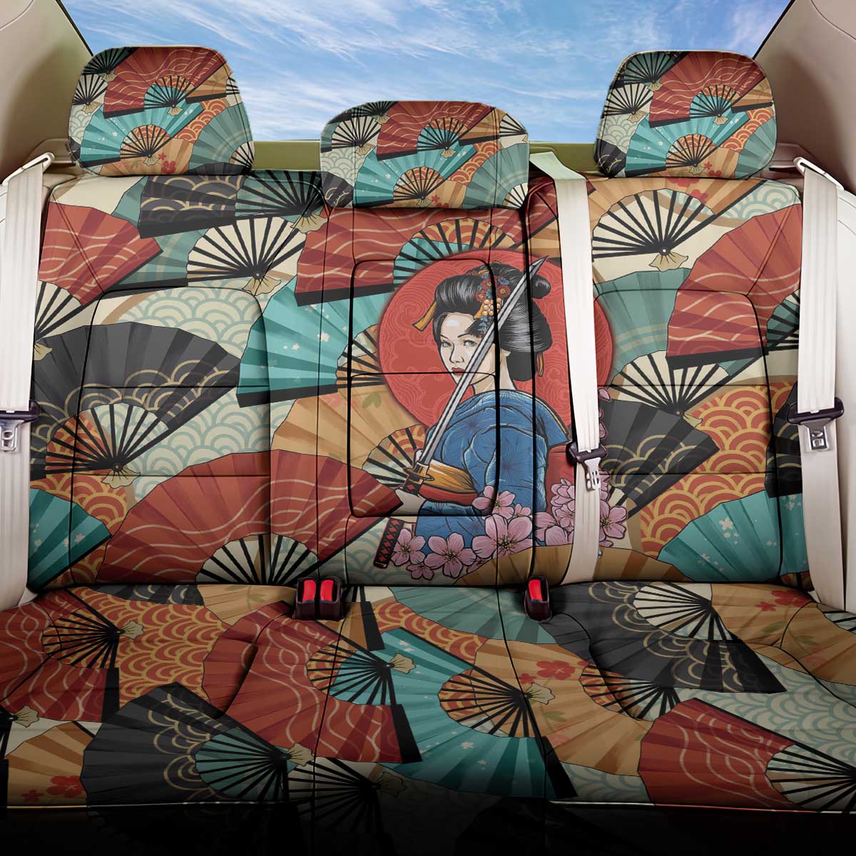 Japanese Geisha Katana Back Car Seat Cover Japan Sensu Seigaiha Pattern - Polynesian Pride