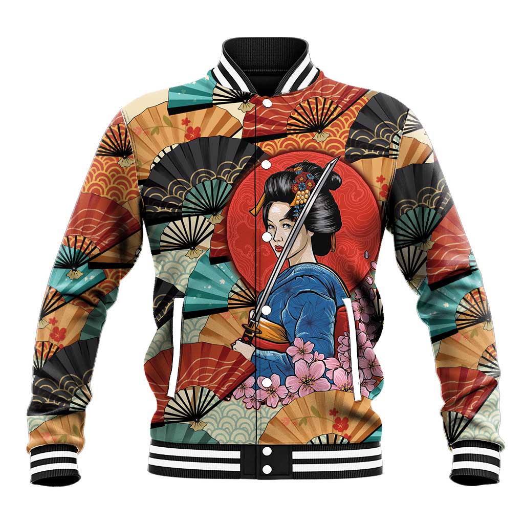 Japanese Geisha Katana Baseball Jacket Japan Sensu Seigaiha Pattern - Polynesian Pride