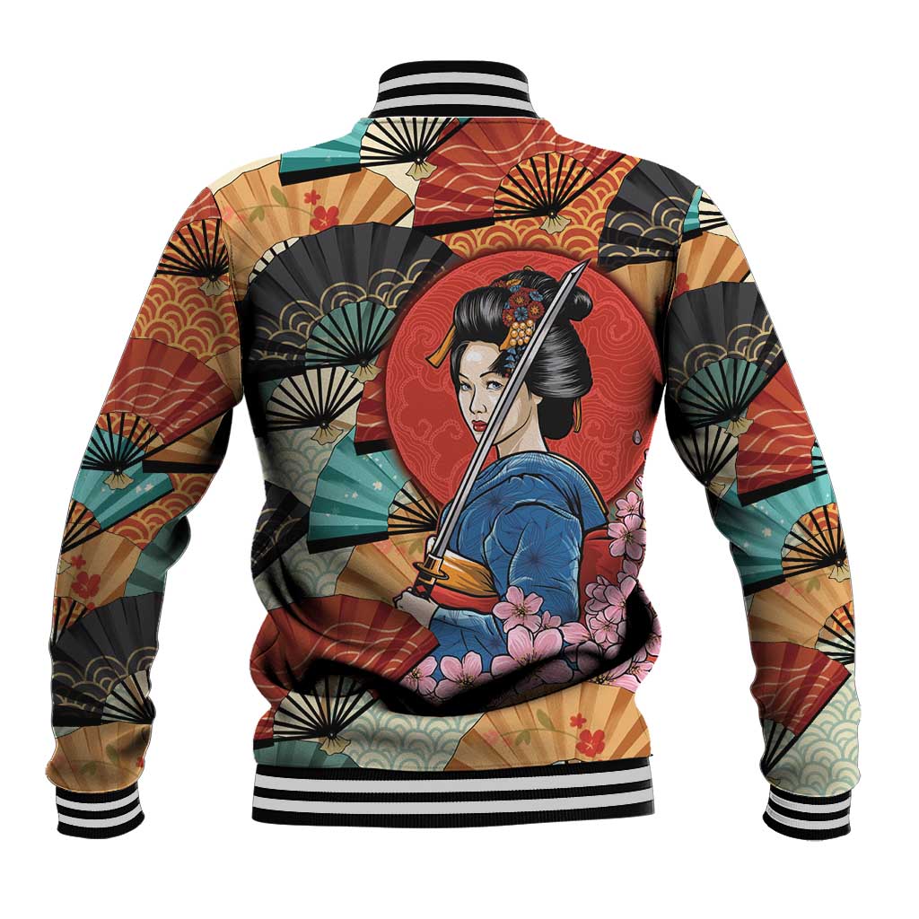 Japanese Geisha Katana Baseball Jacket Japan Sensu Seigaiha Pattern - Polynesian Pride