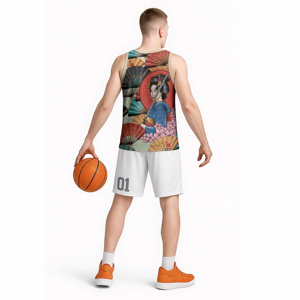 Japanese Geisha Katana Basketball Jersey Japan Sensu Seigaiha Pattern - Polynesian Pride