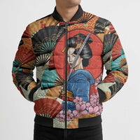 Japanese Geisha Katana Bomber Puffer Jacket Japan Sensu Seigaiha Pattern - Polynesian Pride