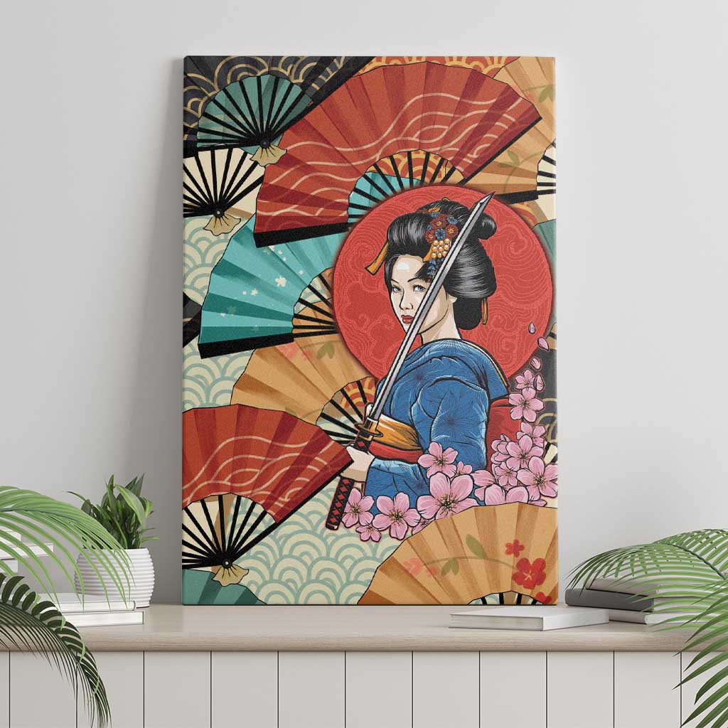 Japanese Geisha Katana Canvas Wall Art Japan Sensu Seigaiha Pattern - Polynesian Pride