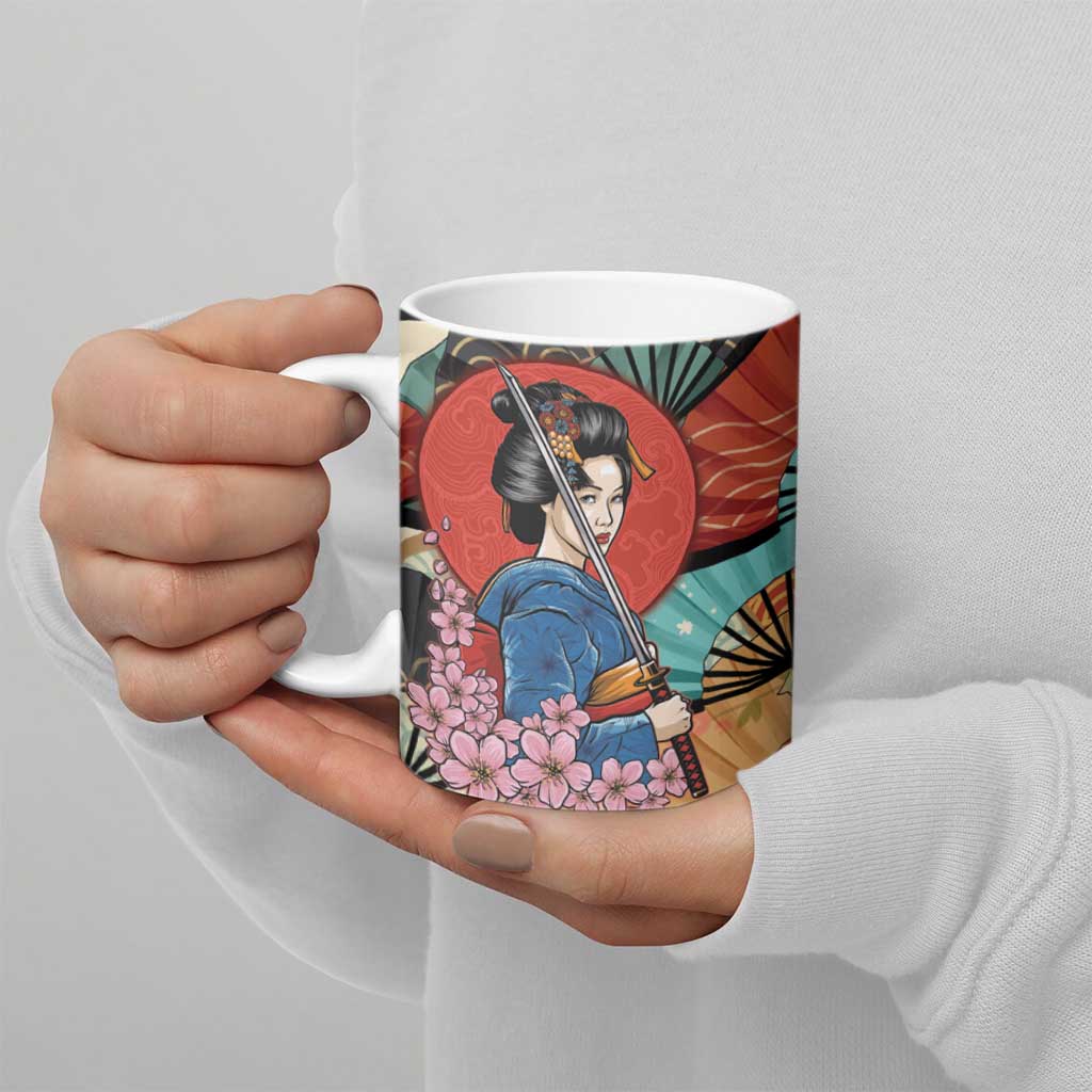 Japanese Geisha Katana Ceramic Mug Japan Sensu Seigaiha Pattern - Polynesian Pride