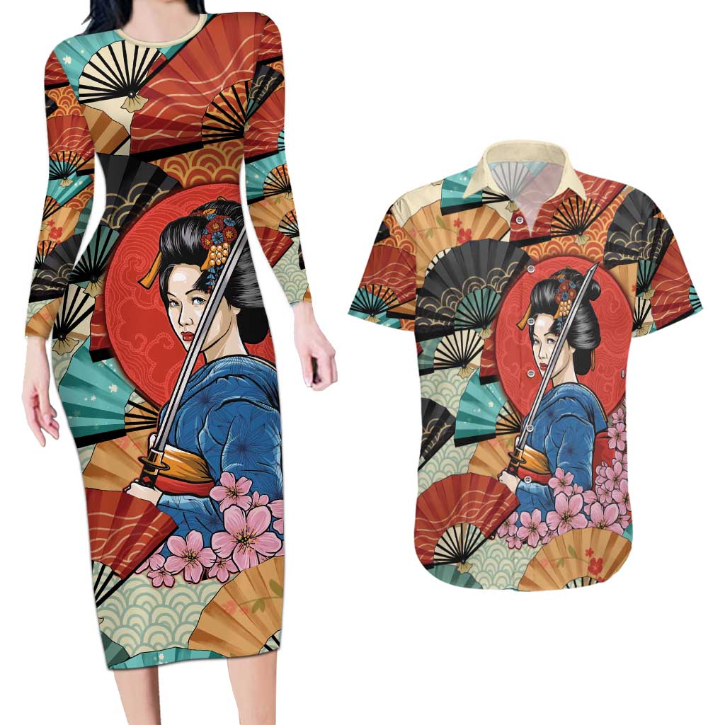 Japanese Geisha Katana Couples Matching Long Sleeve Bodycon Dress and Hawaiian Shirt Japan Sensu Seigaiha Pattern - Polynesian Pride