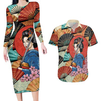 Japanese Geisha Katana Couples Matching Long Sleeve Bodycon Dress and Hawaiian Shirt Japan Sensu Seigaiha Pattern LT14 Multicolor - Polynesian Pride