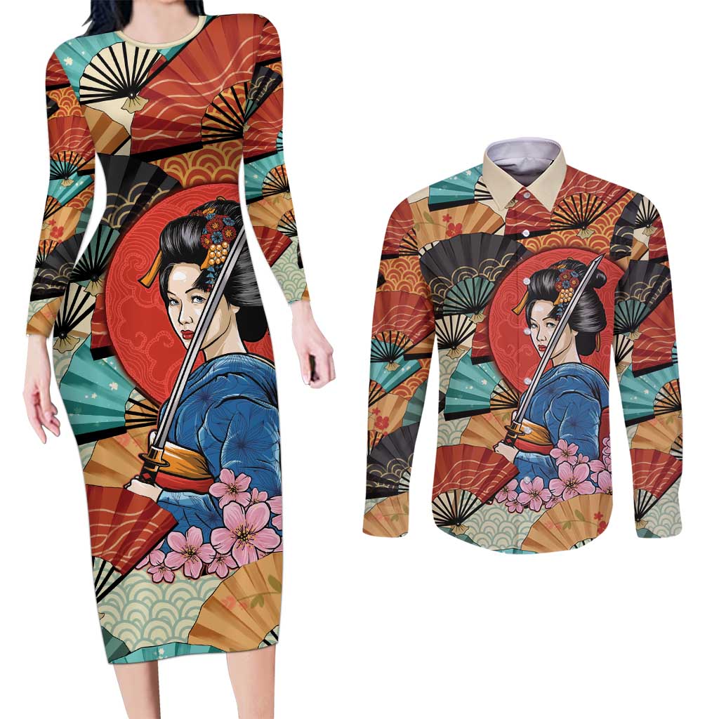 Japanese Geisha Katana Couples Matching Long Sleeve Bodycon Dress and Long Sleeve Button Shirt Japan Sensu Seigaiha Pattern - Polynesian Pride