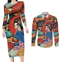 Japanese Geisha Katana Couples Matching Long Sleeve Bodycon Dress and Long Sleeve Button Shirt Japan Sensu Seigaiha Pattern - Polynesian Pride