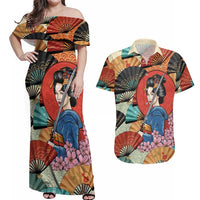 Japanese Geisha Katana Couples Matching Off Shoulder Maxi Dress and Hawaiian Shirt Japan Sensu Seigaiha Pattern - Polynesian Pride