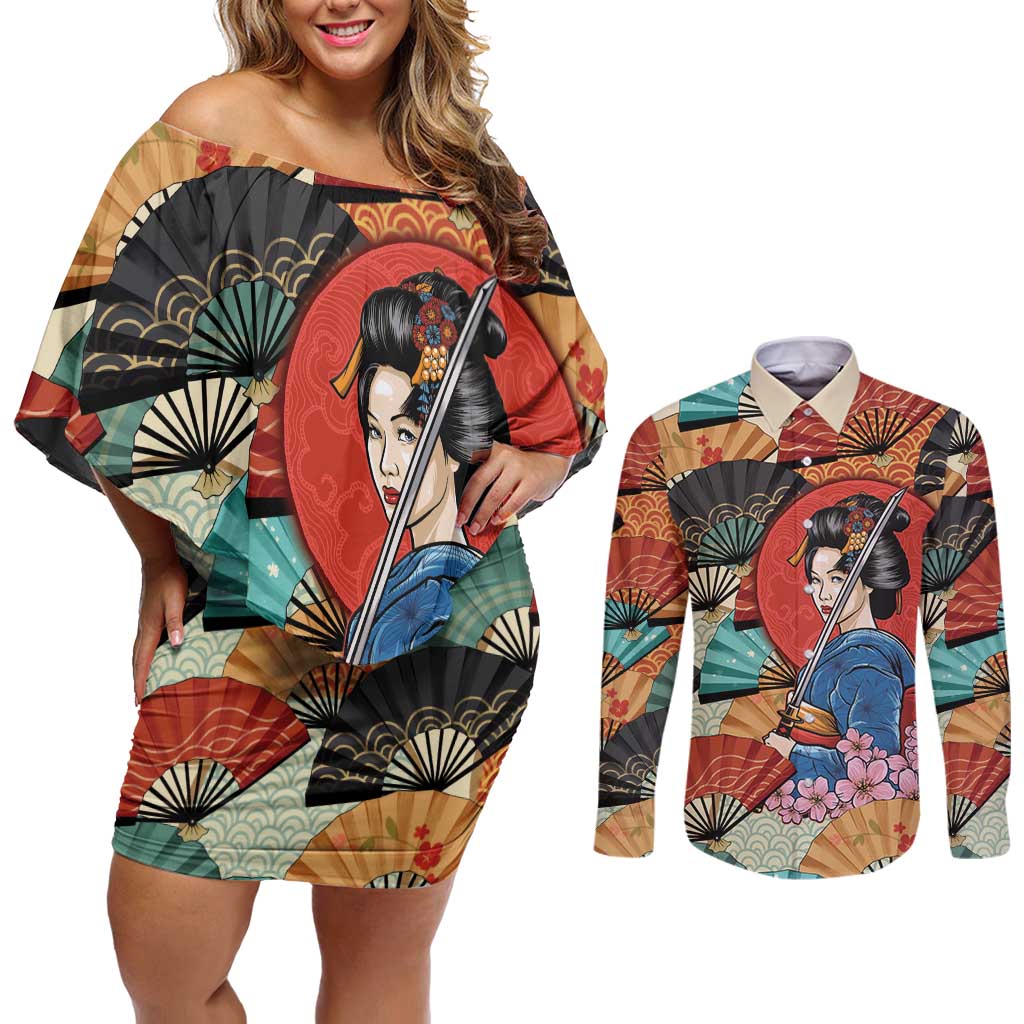 Japanese Geisha Katana Couples Matching Off Shoulder Short Dress and Long Sleeve Button Shirt Japan Sensu Seigaiha Pattern - Polynesian Pride