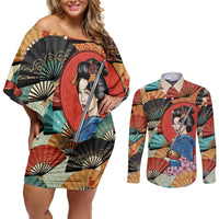 Japanese Geisha Katana Couples Matching Off Shoulder Short Dress and Long Sleeve Button Shirt Japan Sensu Seigaiha Pattern - Polynesian Pride