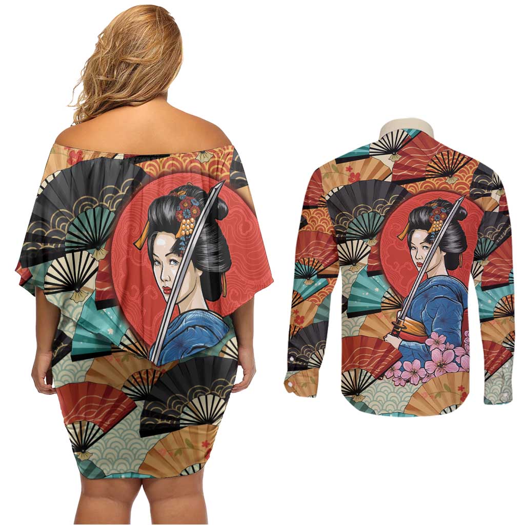 Japanese Geisha Katana Couples Matching Off Shoulder Short Dress and Long Sleeve Button Shirt Japan Sensu Seigaiha Pattern - Polynesian Pride