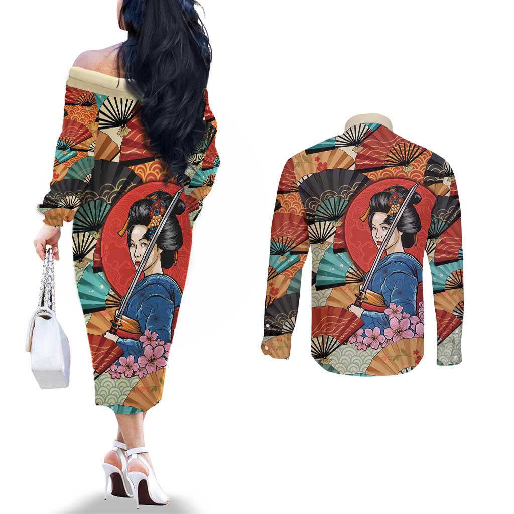 Japanese Geisha Katana Couples Matching Off The Shoulder Long Sleeve Dress and Long Sleeve Button Shirt Japan Sensu Seigaiha Pattern LT14 - Polynesian Pride