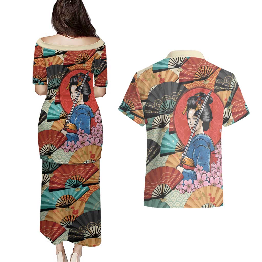 Japanese Geisha Katana Couples Matching Puletasi and Hawaiian Shirt Japan Sensu Seigaiha Pattern LT14 - Polynesian Pride