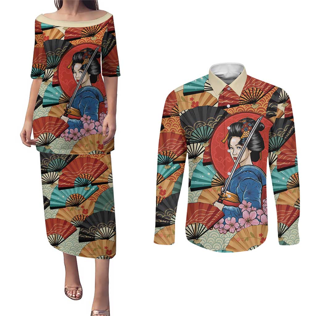 Japanese Geisha Katana Couples Matching Puletasi and Long Sleeve Button Shirt Japan Sensu Seigaiha Pattern - Polynesian Pride