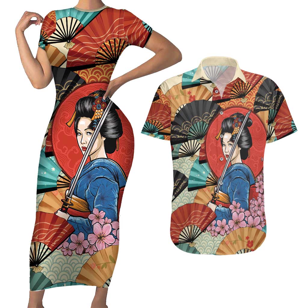 Japanese Geisha Katana Couples Matching Short Sleeve Bodycon Dress and Hawaiian Shirt Japan Sensu Seigaiha Pattern - Polynesian Pride