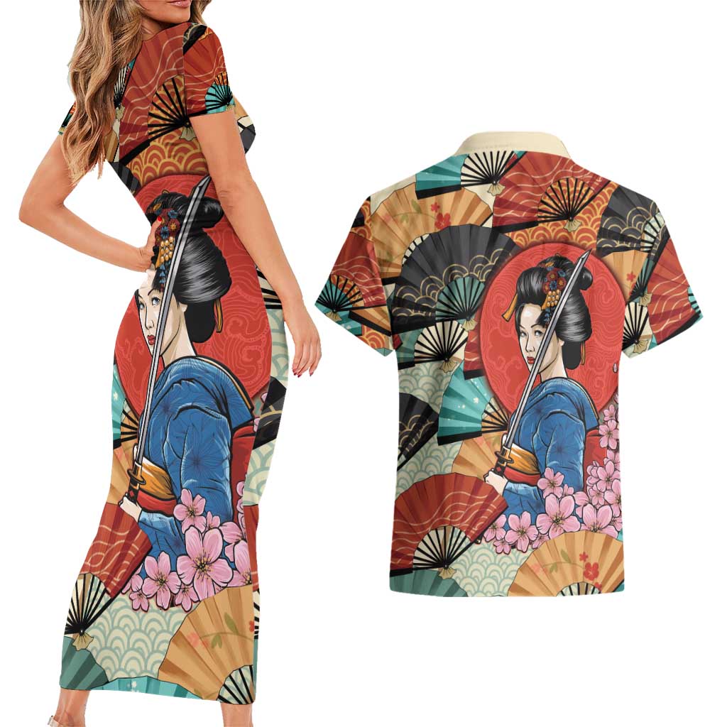 Japanese Geisha Katana Couples Matching Short Sleeve Bodycon Dress and Hawaiian Shirt Japan Sensu Seigaiha Pattern LT14 - Polynesian Pride