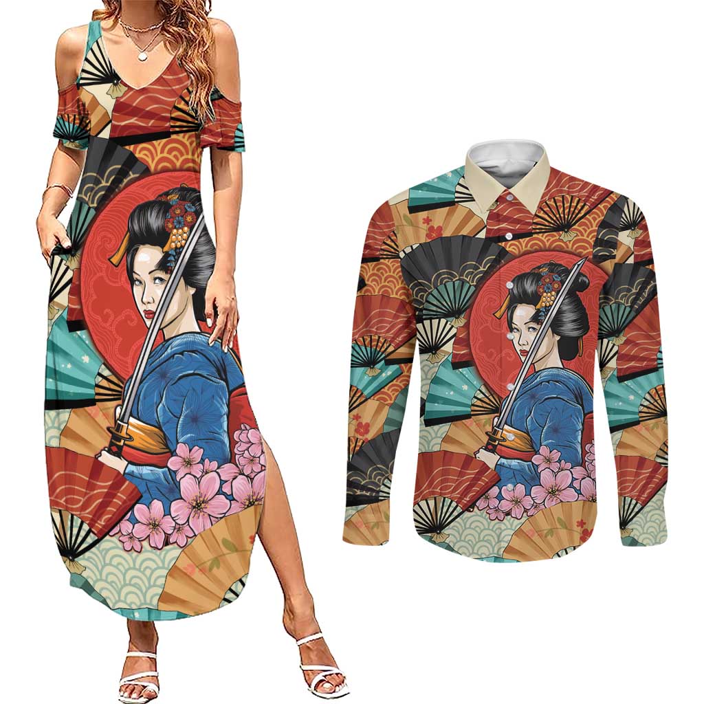 Japanese Geisha Katana Couples Matching Summer Maxi Dress and Long Sleeve Button Shirt Japan Sensu Seigaiha Pattern - Polynesian Pride