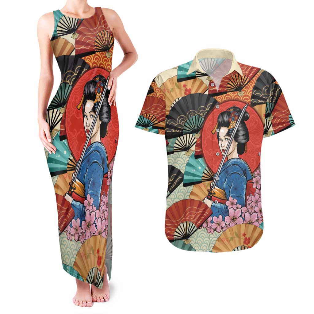 Japanese Geisha Katana Couples Matching Tank Maxi Dress and Hawaiian Shirt Japan Sensu Seigaiha Pattern - Polynesian Pride