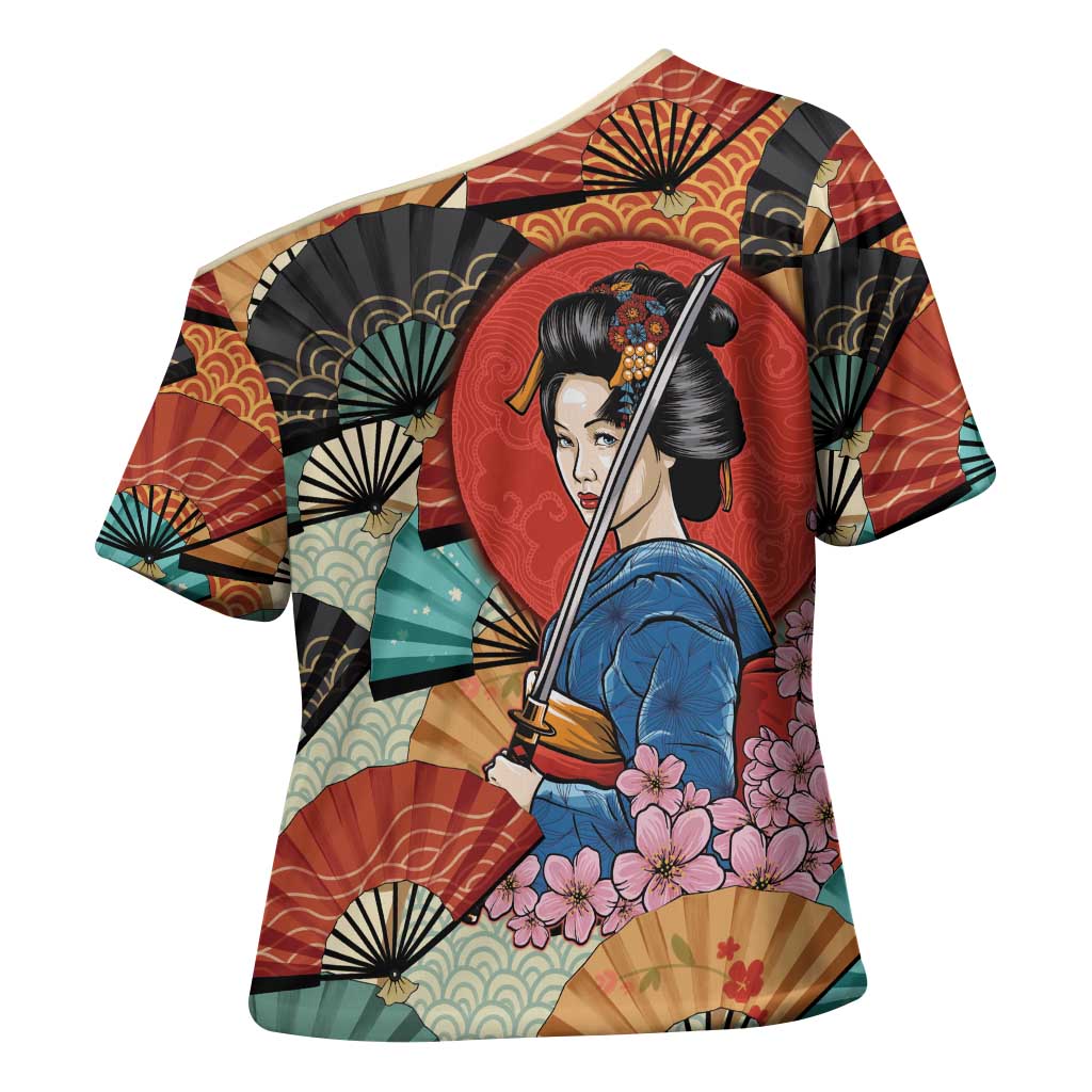 Japanese Geisha Katana Cross Shoulder Shirt Japan Sensu Seigaiha Pattern - Polynesian Pride