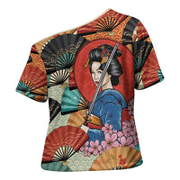 Japanese Geisha Katana Cross Shoulder Shirt Japan Sensu Seigaiha Pattern - Polynesian Pride