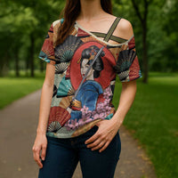 Japanese Geisha Katana Cross Shoulder Shirt Japan Sensu Seigaiha Pattern - Polynesian Pride