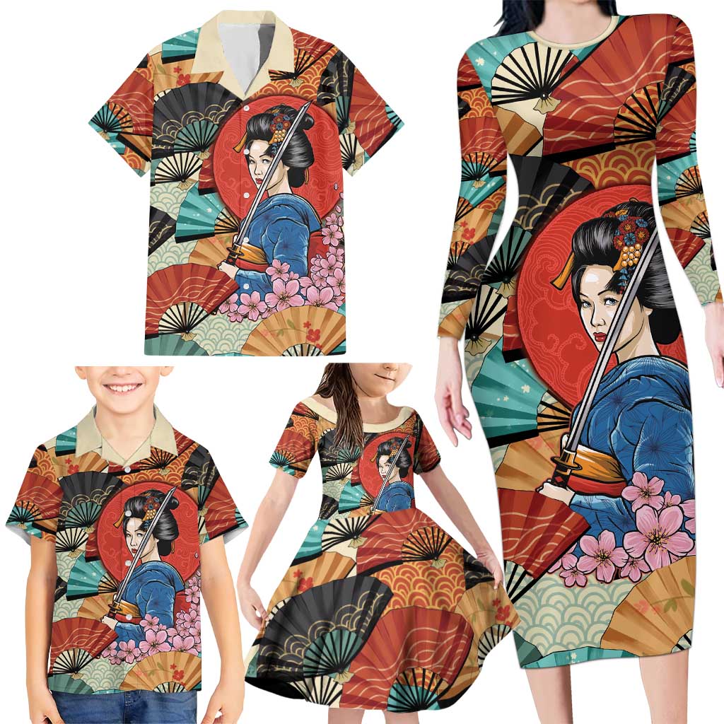Japanese Geisha Katana Family Matching Long Sleeve Bodycon Dress and Hawaiian Shirt Japan Sensu Seigaiha Pattern - Polynesian Pride