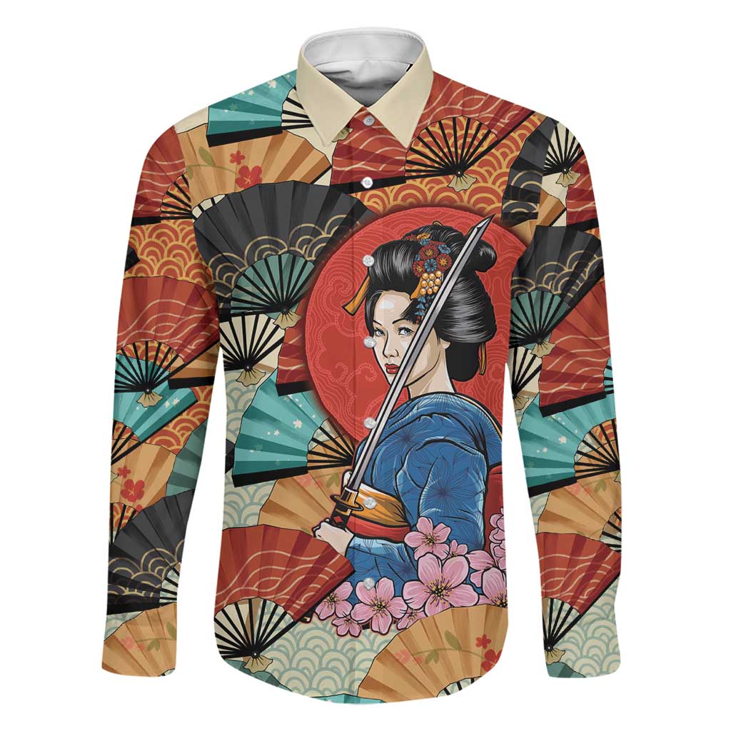 Japanese Geisha Katana Family Matching Long Sleeve Bodycon Dress and Hawaiian Shirt Japan Sensu Seigaiha Pattern LT14 Dad's Shirt - Long Sleeve Multicolor - Polynesian Pride
