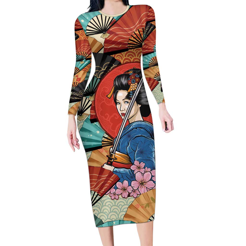 Japanese Geisha Katana Family Matching Long Sleeve Bodycon Dress and Hawaiian Shirt Japan Sensu Seigaiha Pattern LT14 Mom's Dress Multicolor - Polynesian Pride