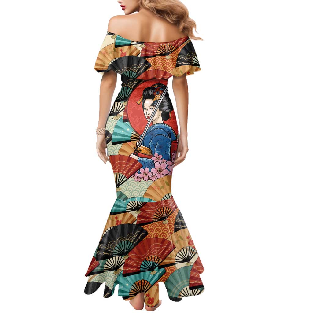 Japanese Geisha Katana Family Matching Mermaid Dress and Hawaiian Shirt Japan Sensu Seigaiha Pattern LT14 - Polynesian Pride